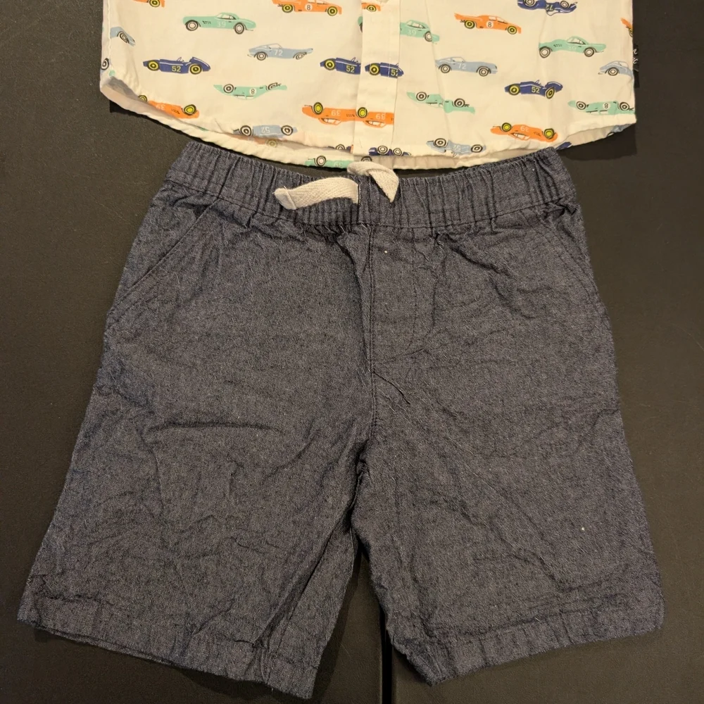 American Hawk Toddler Boy Car Print Button-Up Short w/ Dark Chambray Shorts 4T